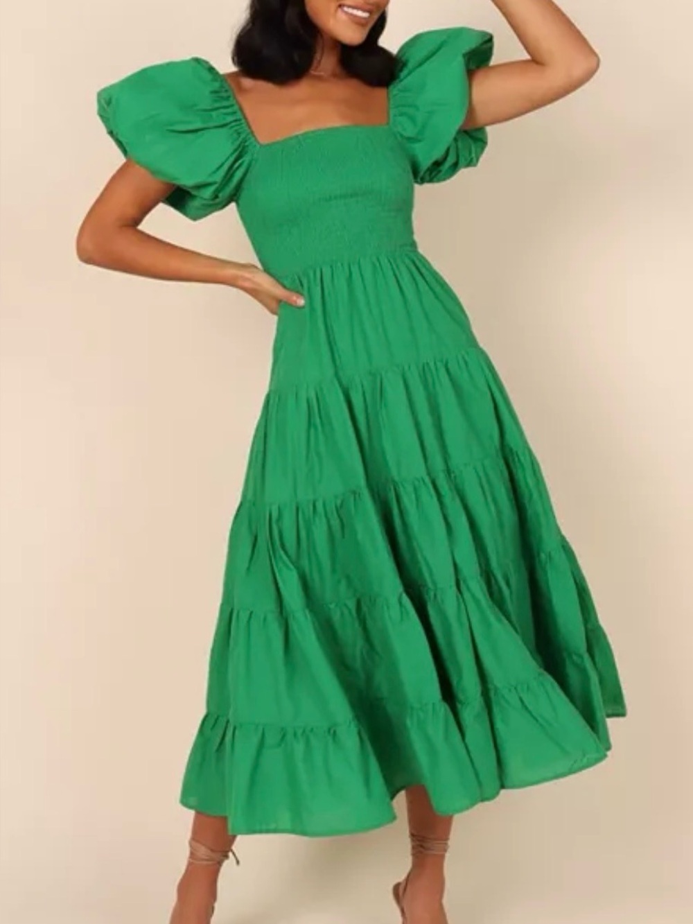 NEW Petal And Pup Morgan Tiered Dress XL Green Puff Sleeve Smocked Midi Rayon